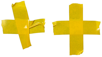 Ripped torn yellow adhesive glued tape piece on transparent background