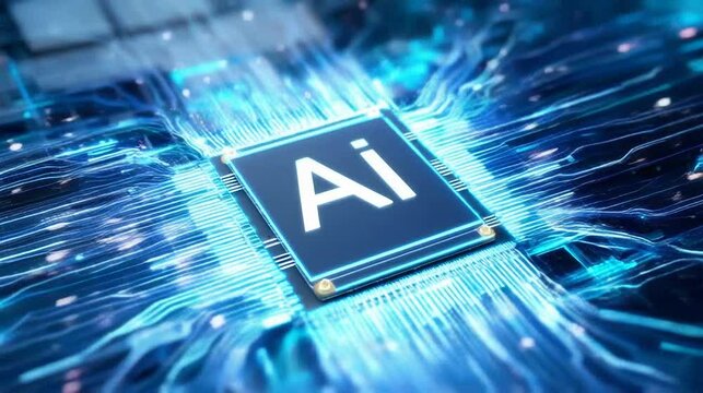 Close-up of an AI CPU, the next-generation artificial intelligence chip, power flowing through its circuits.