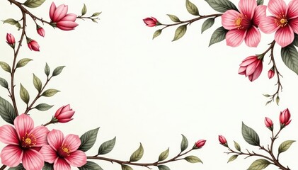 Delicate hand-drawn blossoms, intricate vines, all-over print , spring, drawing