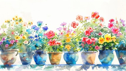 Beautiful Indoor Flowers in Pots with Watercolor Effect on White Background