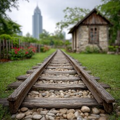 Obraz premium Rustic wooden train tracks leading to a quaint stone cottage and a modern skyscraper in the background, creating a juxtaposition of old and new. Lush green grass and vibrant flowers are visible.