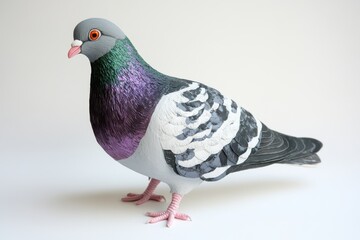 Standing pigeon with gray head and iridescent feathers on white backdrop