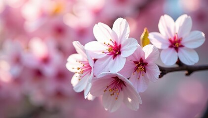 Fototapeta premium Dense cluster of sakura flowers, full bloom, white and pink hues, pattern, botanical print