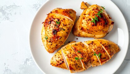 Juicy, marinated chicken breasts garnished with herbs, served on a white plate, showcasing a delicious and appetizing meal