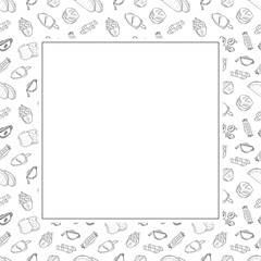 Food frame. doodle fast food square frame. hand drawn food and beverage frame background. food background