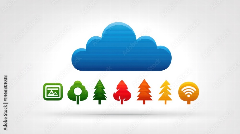 Poster pixel art illustration of a blue cloud symbolizing data storage, above a row of colorful pixel trees