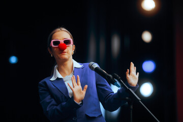 Woman Wearing a Clown Nose Doing a Stand Up Comedy Number. Politician embarrassing herself on stage...