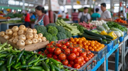 Obraz premium Bustling vegetable market filled with fresh produce and people in the background creating an energetic community atmosphere