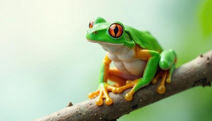 Obraz premium Green tree frog perched on white, vibrant skin, animal, wildlife photography, exotic