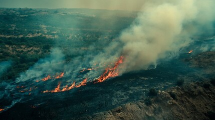 Obraz premium Fiery devastation of a wildfire sweeping across arid landscape and lush forest