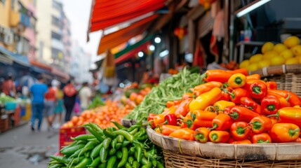 A colorful basket overflowing with fresh peppers of various shapes and sizes set against a bright background