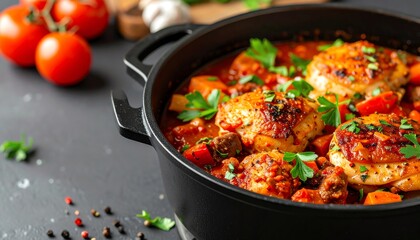 A delicious dish featuring chicken, vegetables, and herbs, simmering in a rich sauce, garnished with fresh parsley and accompanied by ripe tomatoes