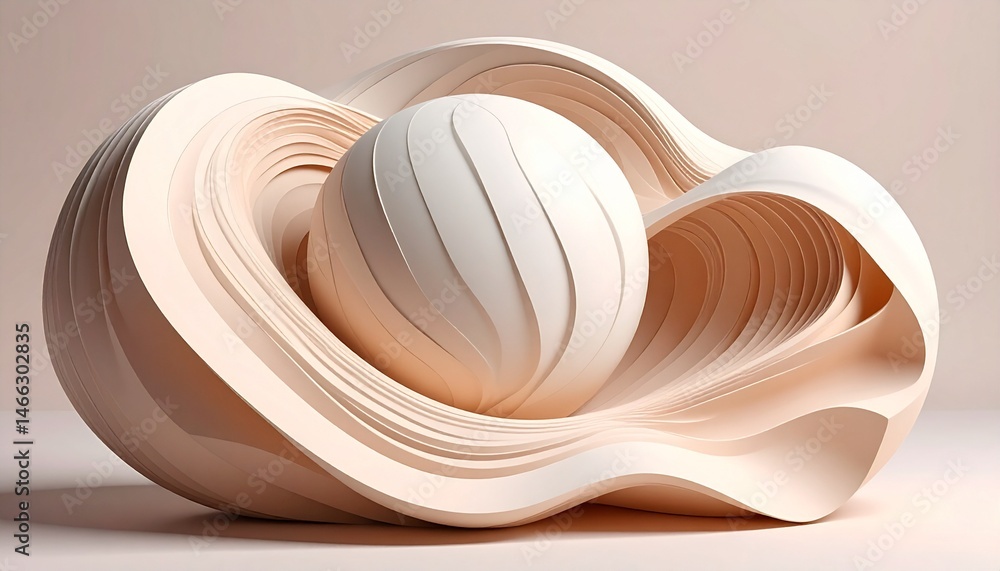 Poster abstract sphere surrounded by layered waves soft light peach tones