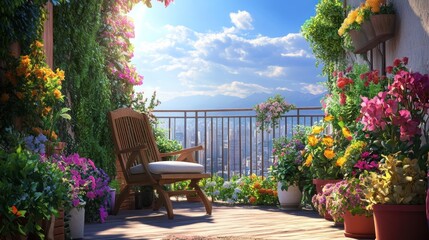 Sunny balcony with vibrant flowers, city view, and a relaxing chair