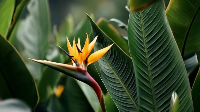 Isolated against a colorful backdrop, the exotic orange and yellow bloom of the flower of paradise reveals the tropical beauty of its floral nature