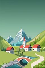 Scenic vector illustration of a small alpine village with red-roof houses, a church, river, bridge, and snow-capped mountains. Peaceful nature landscape in flat style. Perfect for tourism projects