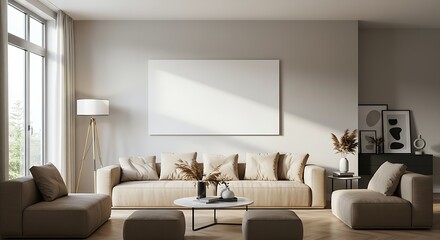 Modern Living Room with Neutral Tones, Natural Light, and Minimalist Decor