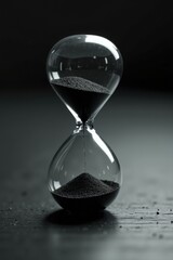 A classic hourglass with black sand measures time as grains flow from the upper to lower chamber on a dark surface.