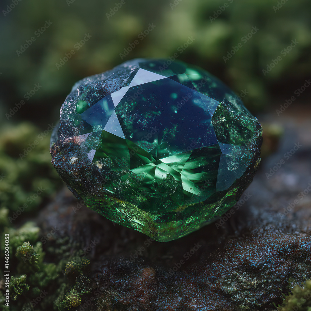 Poster exceptional emerald gleaming with deep green light on dark textured surface