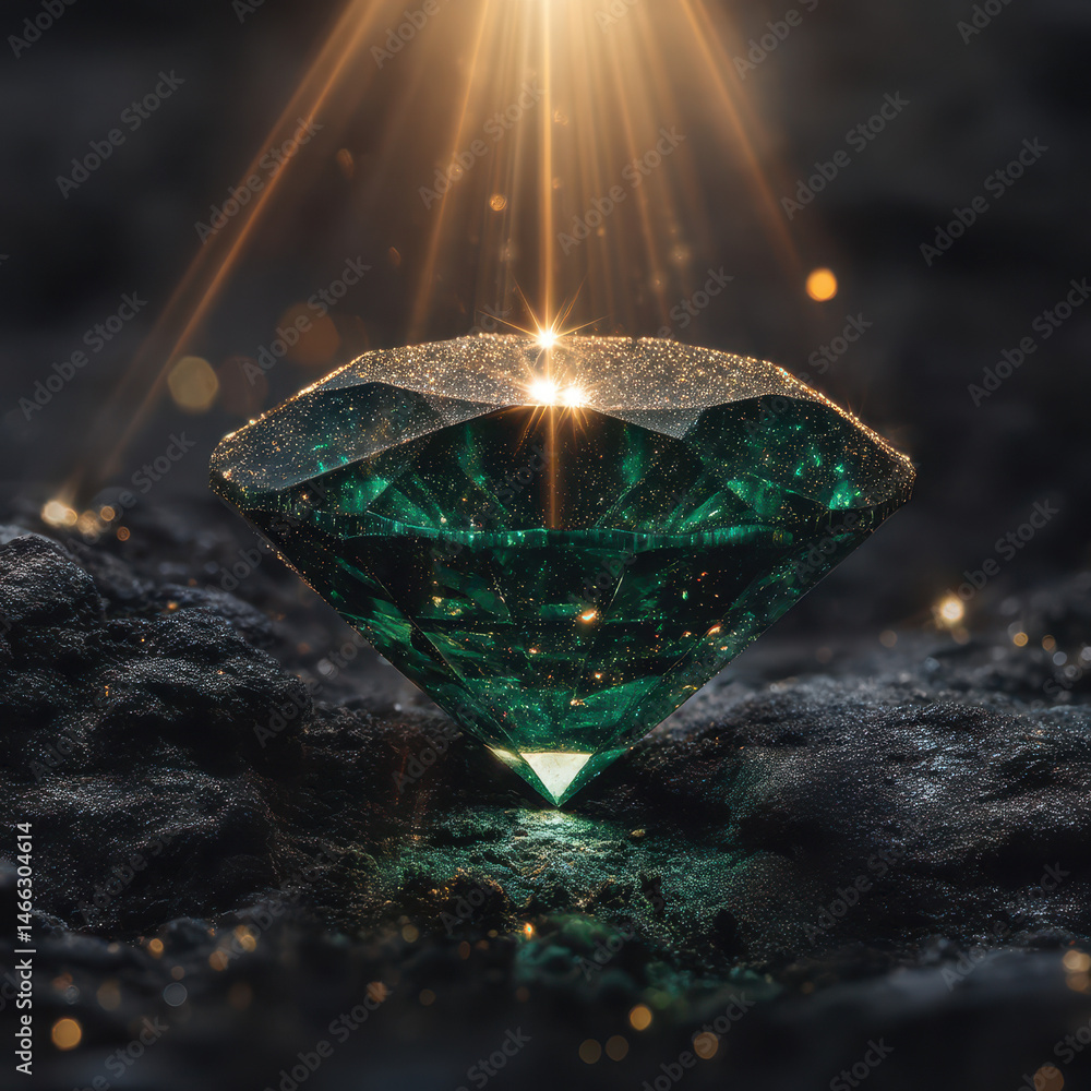 Poster exceptional emerald gleaming in deep green light on dark textured surface