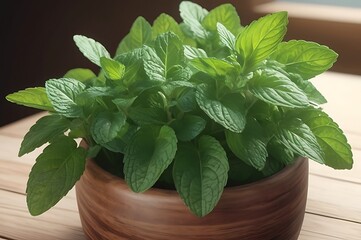 Closeup of Fresh Green Mint Plant in Wooden Pot AI