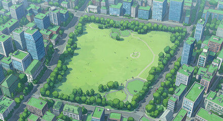 Obraz premium Aerial View of Urban Park Surrounded by Skyscrapers and Trees