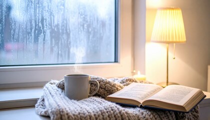cozy reading corner by the window in the rain, lamplight, a cup of hot coffee, and wool blanket