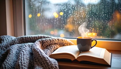 cozy reading corner by the window in the rain, lamplight, a cup of hot coffee, and wool blanket