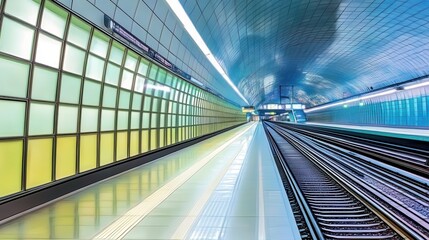 Obraz premium Underground transportation platform showcasing modern design with commuters for urban transit and travel in a futuristic environment