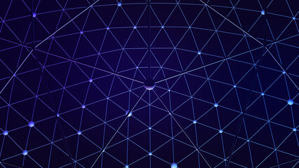Central node perspective of 3D digital mesh network in dark space with blue glow, ideal for...