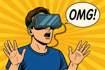Pop art comic style man wearing VR headset with surprised expression saying OMG, virtual reality experience illustration, retro yellow background, tech reaction, gaming excitement

