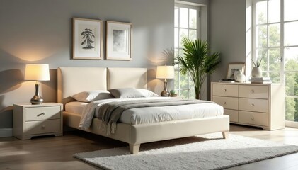 Modern bedroom furniture set, including bed, nightstands, and dresser Sleek design, neutral colors , modern, home furnishings, minimalist furniture