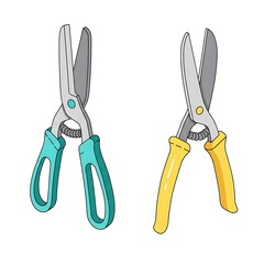 Two colorful cartoon shears for gardening work on white background