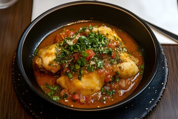 Dish Chakhokhbili is Stewed Chicken Meat in Tomato Sauce with Aromatic Herbs and Traditional Georgian Flavor