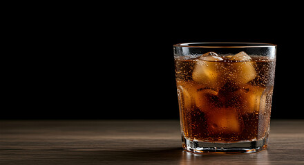 Refreshing Carbonated Drink with Ice in a Glass on Wooden Surface