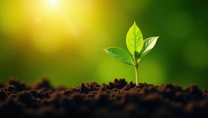 Sunlit green sprout emerges from rich soil, leaves unfurl, fresh, garden, new