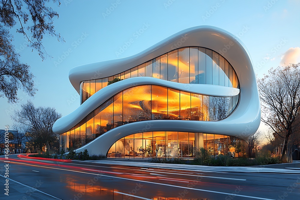 Poster a building with a sweeping arc shape that twists halfway up.