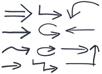 Set of arrow sign drawn with black marker on transparent background