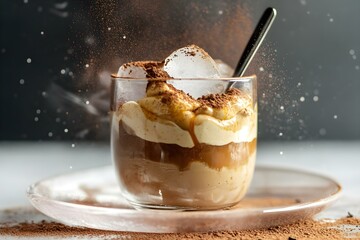 Glass Cup with Coffee Cream Dessert and Chocolate Topping in Elegant Presentation