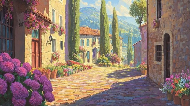 Fototapeta Enchanting mediterranean village scene bathed in sunlight with cobblestone streets and vibrant floral displays creating idyllic atmosphere
