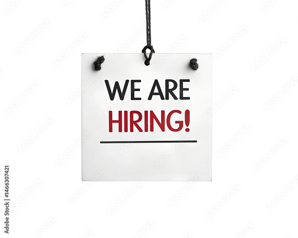 Fototapete a white sign with red and black text reading we are hiring! is hanging from black string against a t