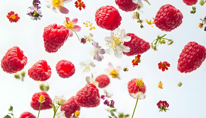 Ripe raspberries and flowers in air on white background