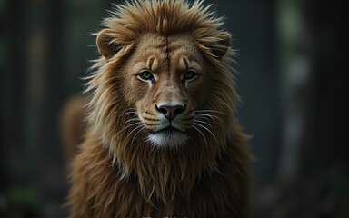 Fototapeta premium A majestic lion, its tawny mane ruffled, stares intently forward in a dark forest. Its piercing gaze and powerful stance command attention.
