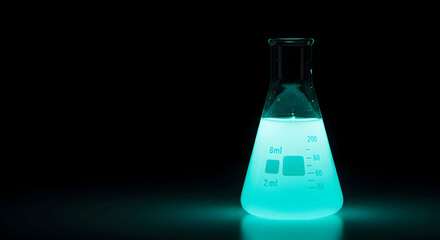 Glowing Blue Liquid in Laboratory Flask Against Dark Background