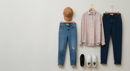 Casual Fashion Arrangement with Hat, Shirt, Jeans, and Sneakers