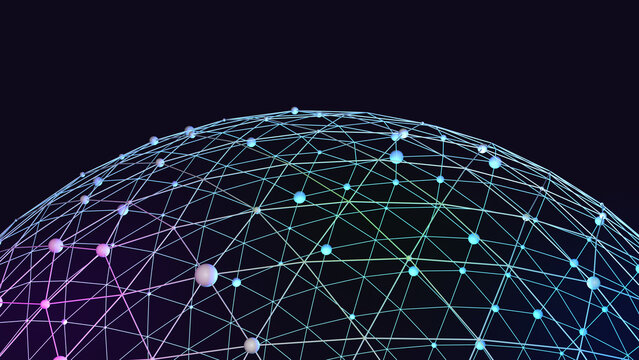Curved digital mesh surface with glowing nodes on dark background representing global tech connectivity and cyberspace