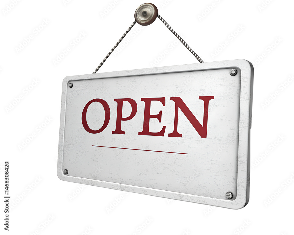 Fototapete a white sign with the word open in red lettering is hanging from a silver chain against a transparen