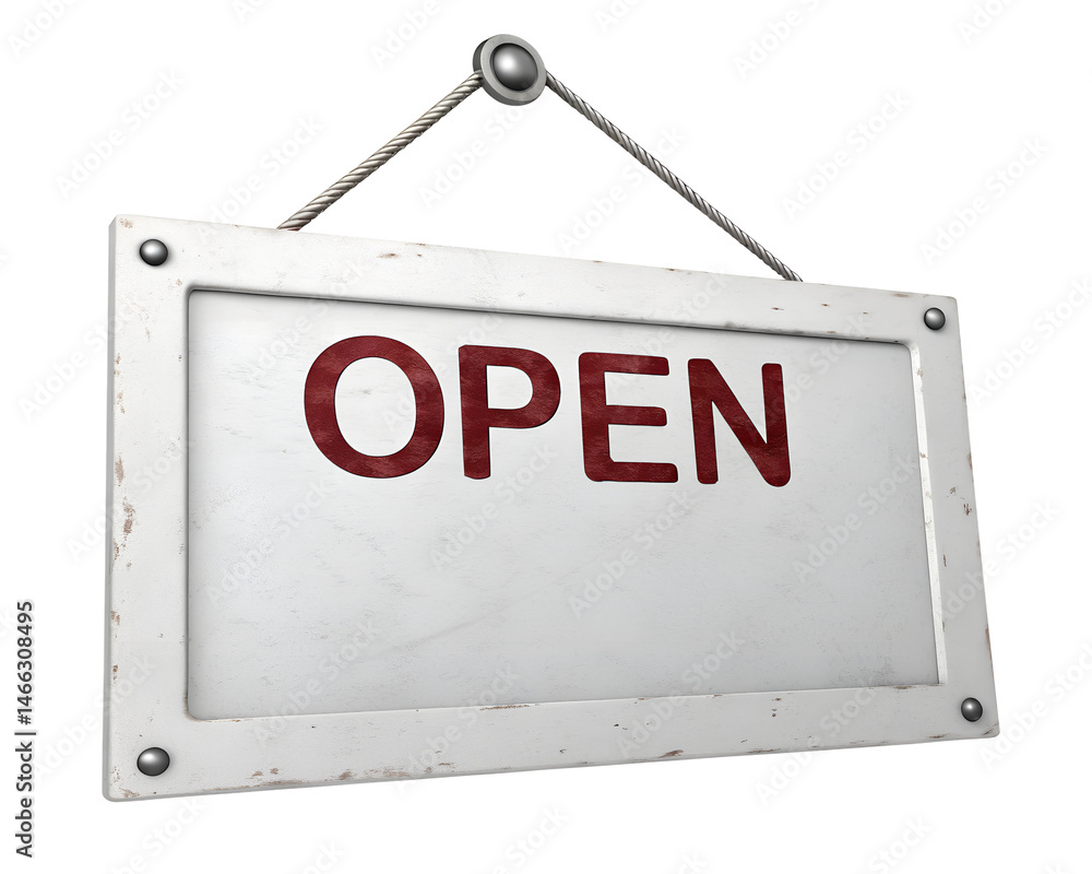 Fototapete a white sign with the word open in red lettering is hanging from a silver chain against a transparen