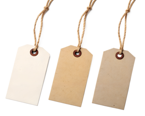 Three blank gift tags with twine or string hanging from them on a transparent background.