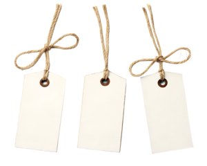 Three blank gift tags with twine or string hanging from them on a transparent background.